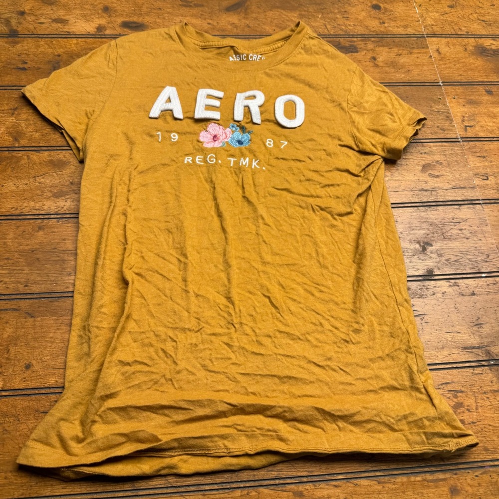 Aeropostale‎ Classic Crew T-Shirt Mustard Yellow Floral Aero Graphic Large y2k